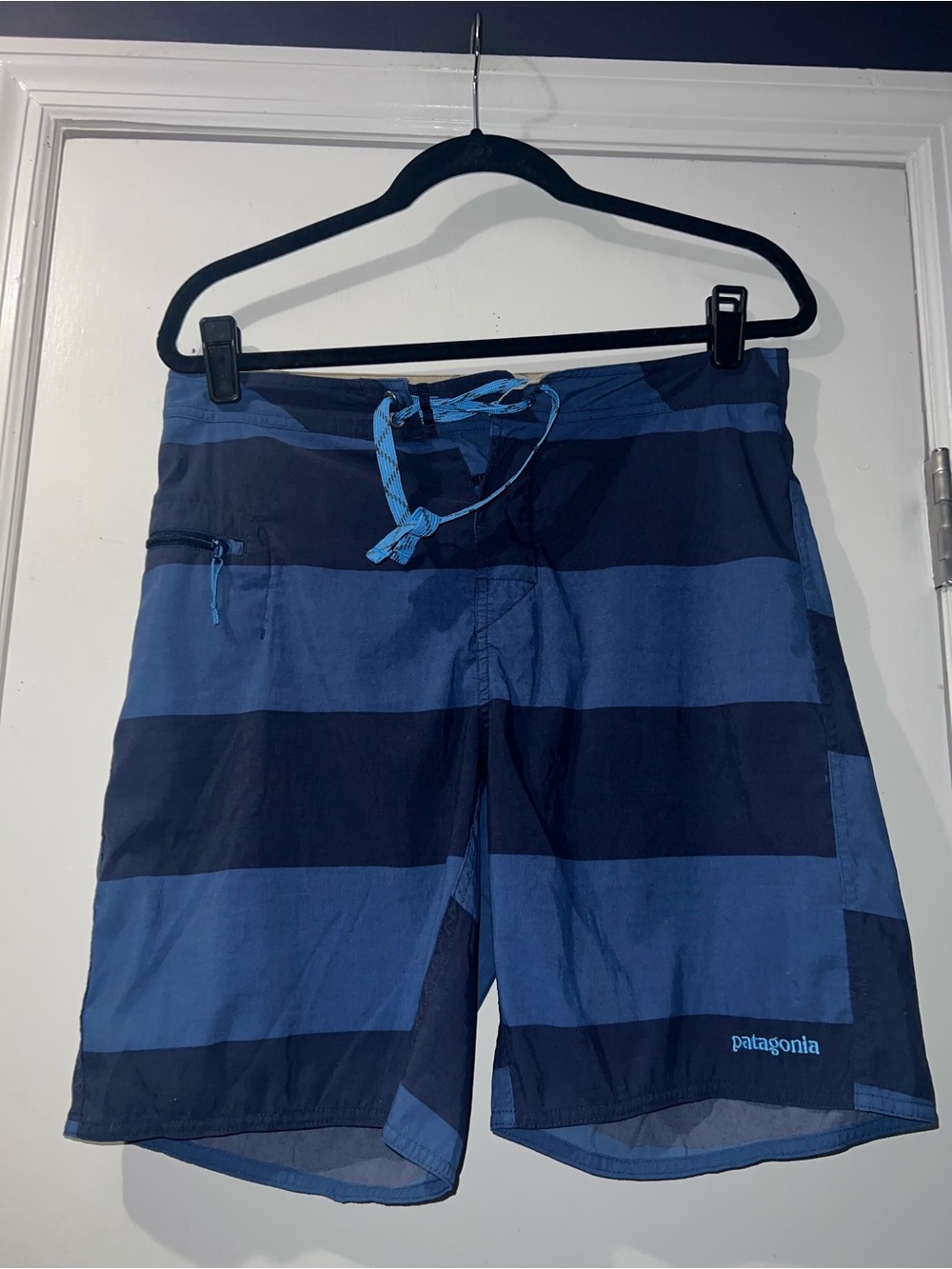 Patagonia Men's Blue and Navy Striped Swim Trunks